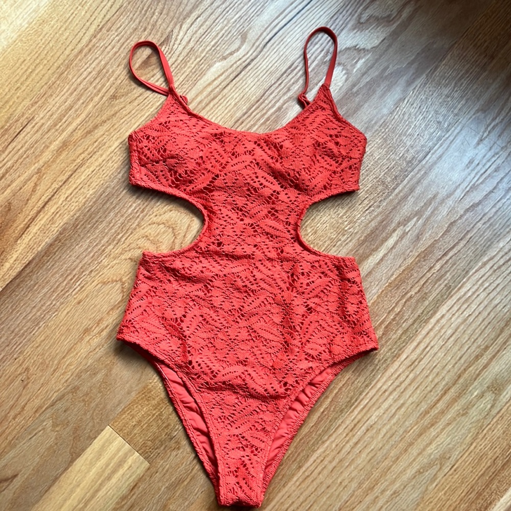 Aerie Crochet Scoop Cut Out One Piece Swimsuit - Burnt Orange - S Tall